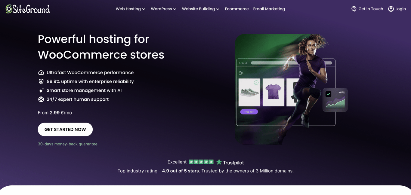 A dynamic promotional webpage for SiteGround, highlighting WooCommerce hosting features and benefits, including pricing and support.