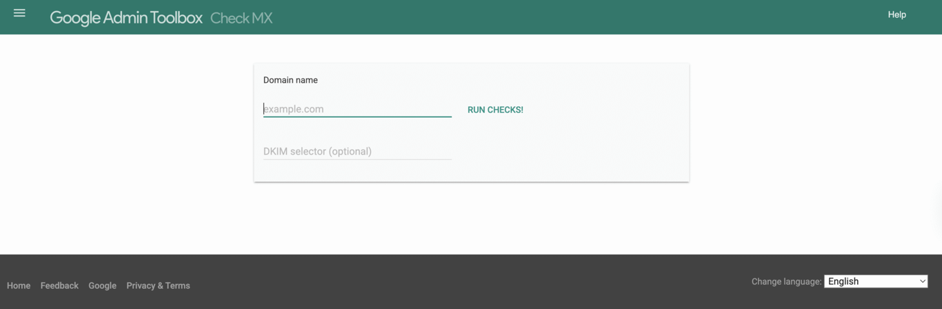 Input interface for Google Admin Toolbox Check MX, featuring fields for domain name and DKIM selector, with a "RUN CHECKS!" button.