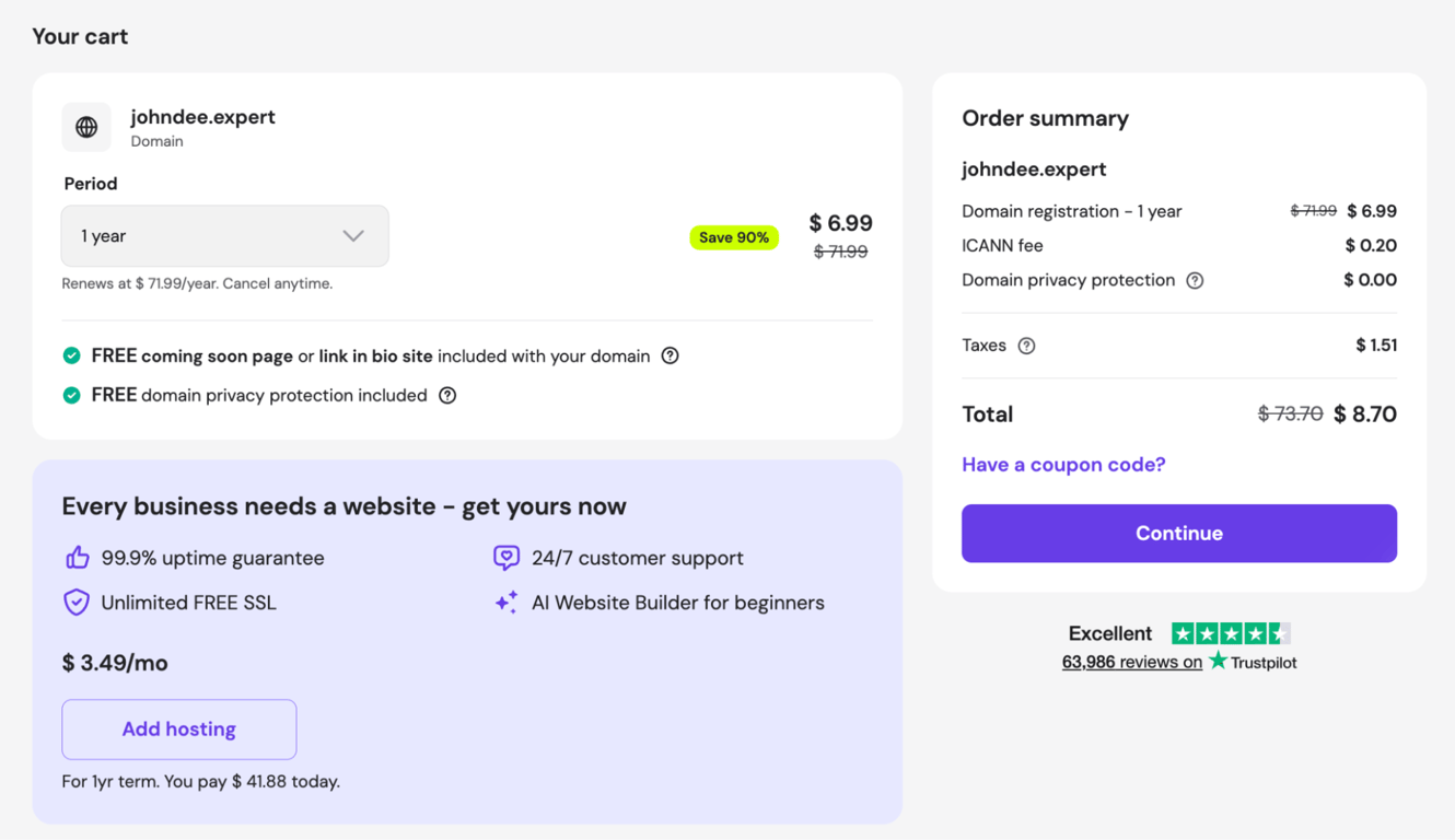 hostinger-domain-purchasing-cart-page Hostinger domain purchasing's cart page
