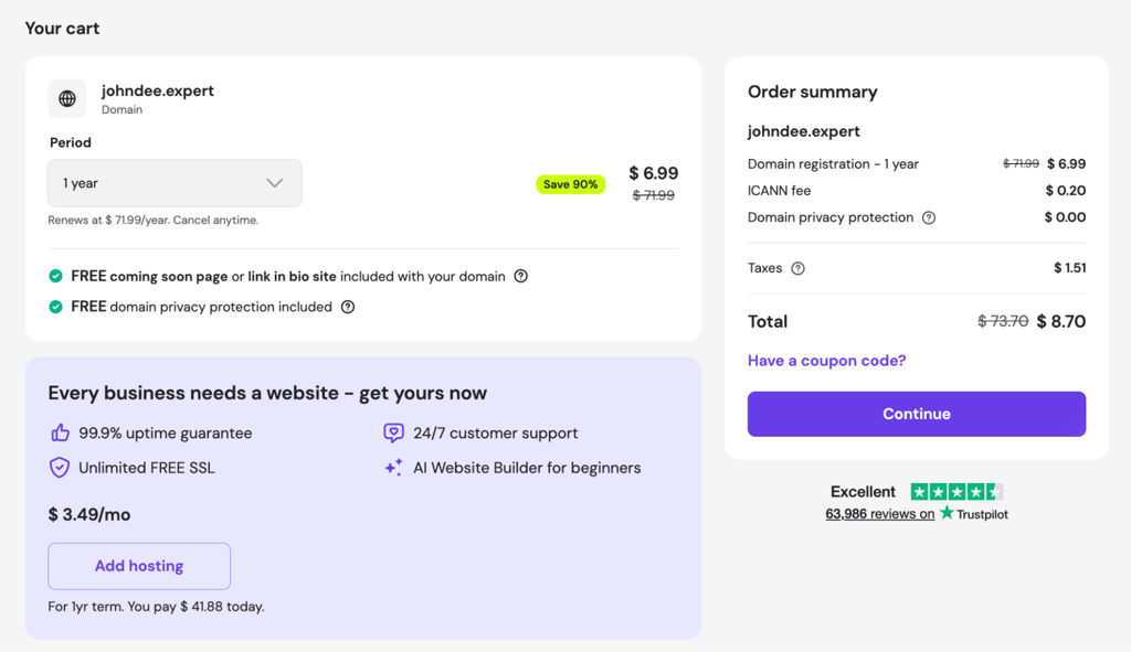 Hostinger domain purchasing's cart page