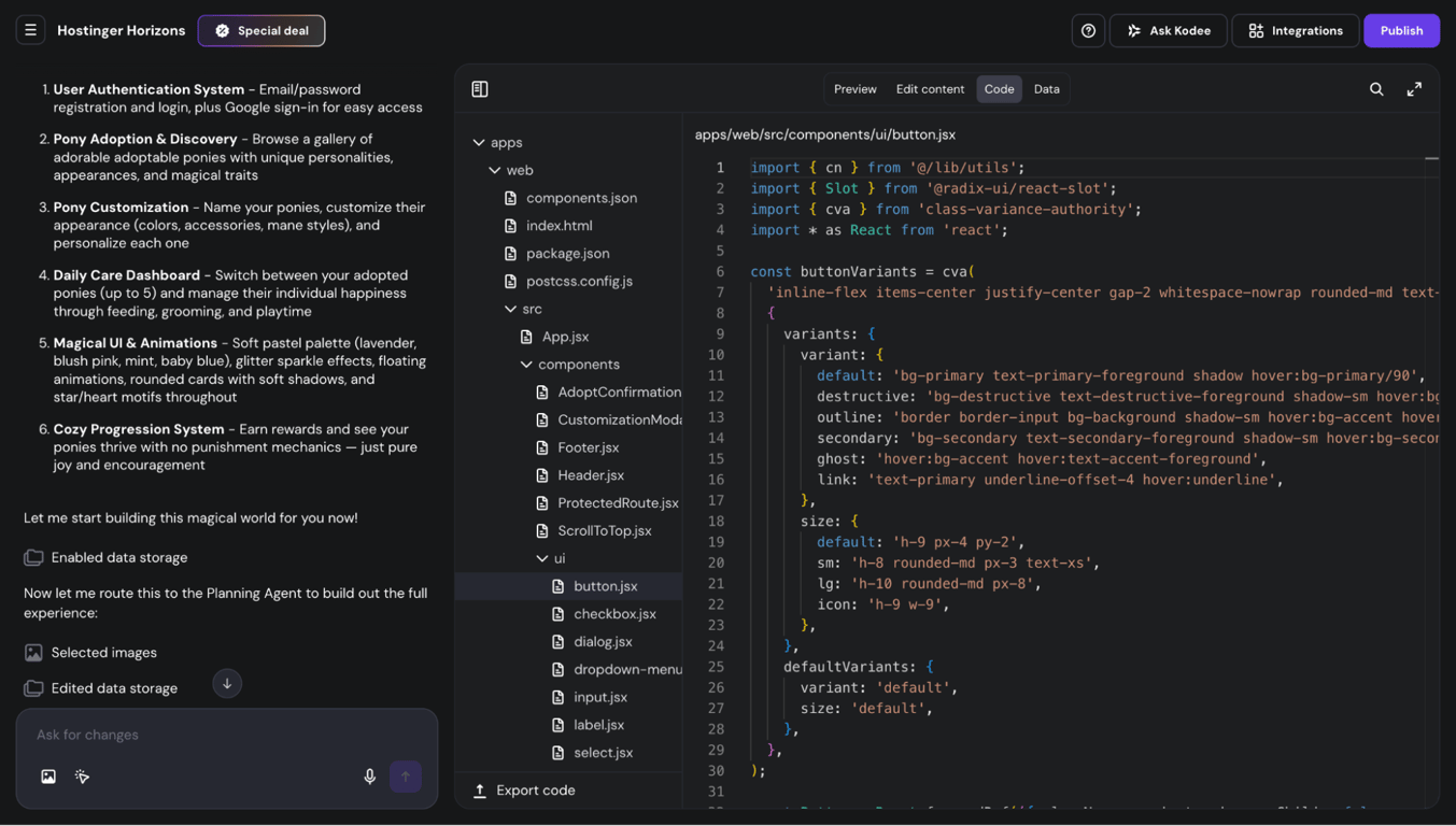 Hostinger Horizons' code editor