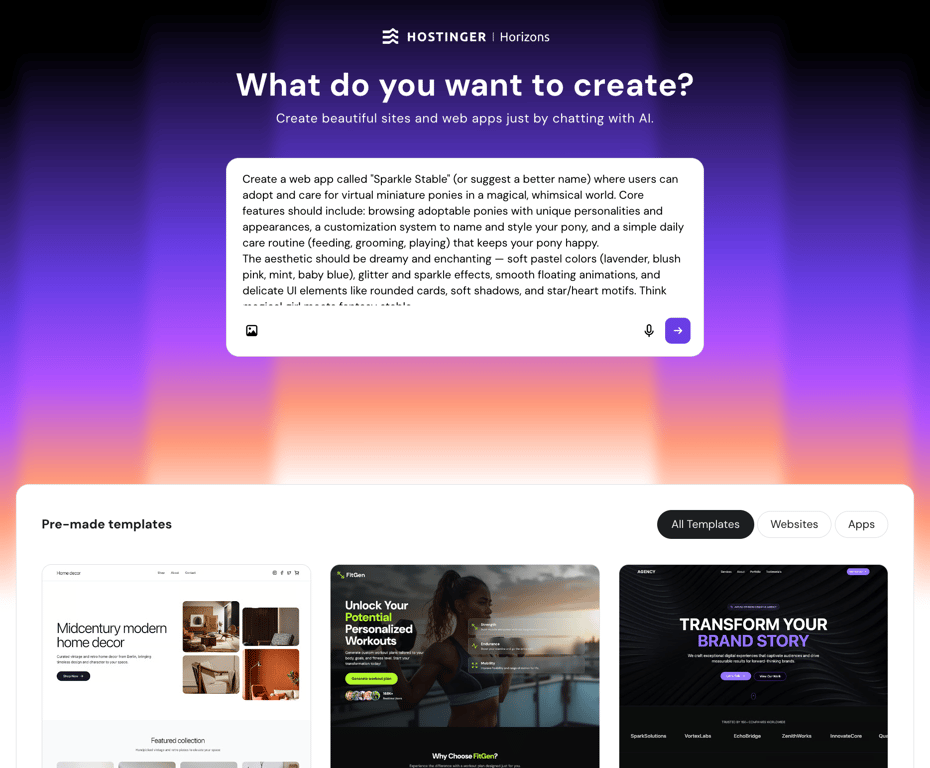 Hostinger Horizons' first interface