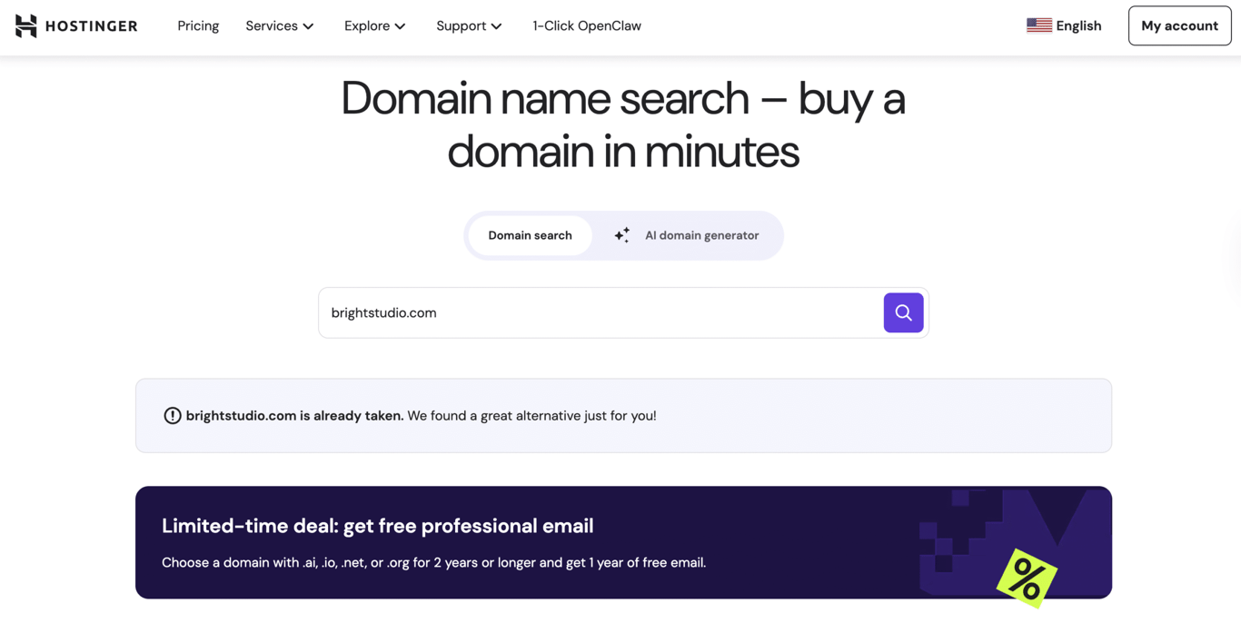 Hostinger domain search page showing "brightstudio.com" is taken with alternative suggestions and a limited-time free professional email offer.