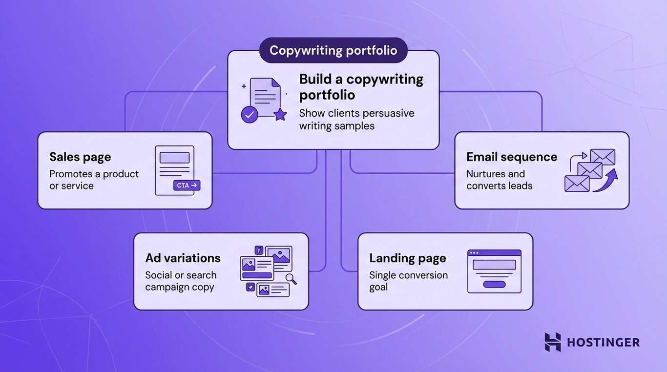 Diagram showing components of a copywriting portfolio: sales page, email sequence, ad variations, and landing page with their purposes.