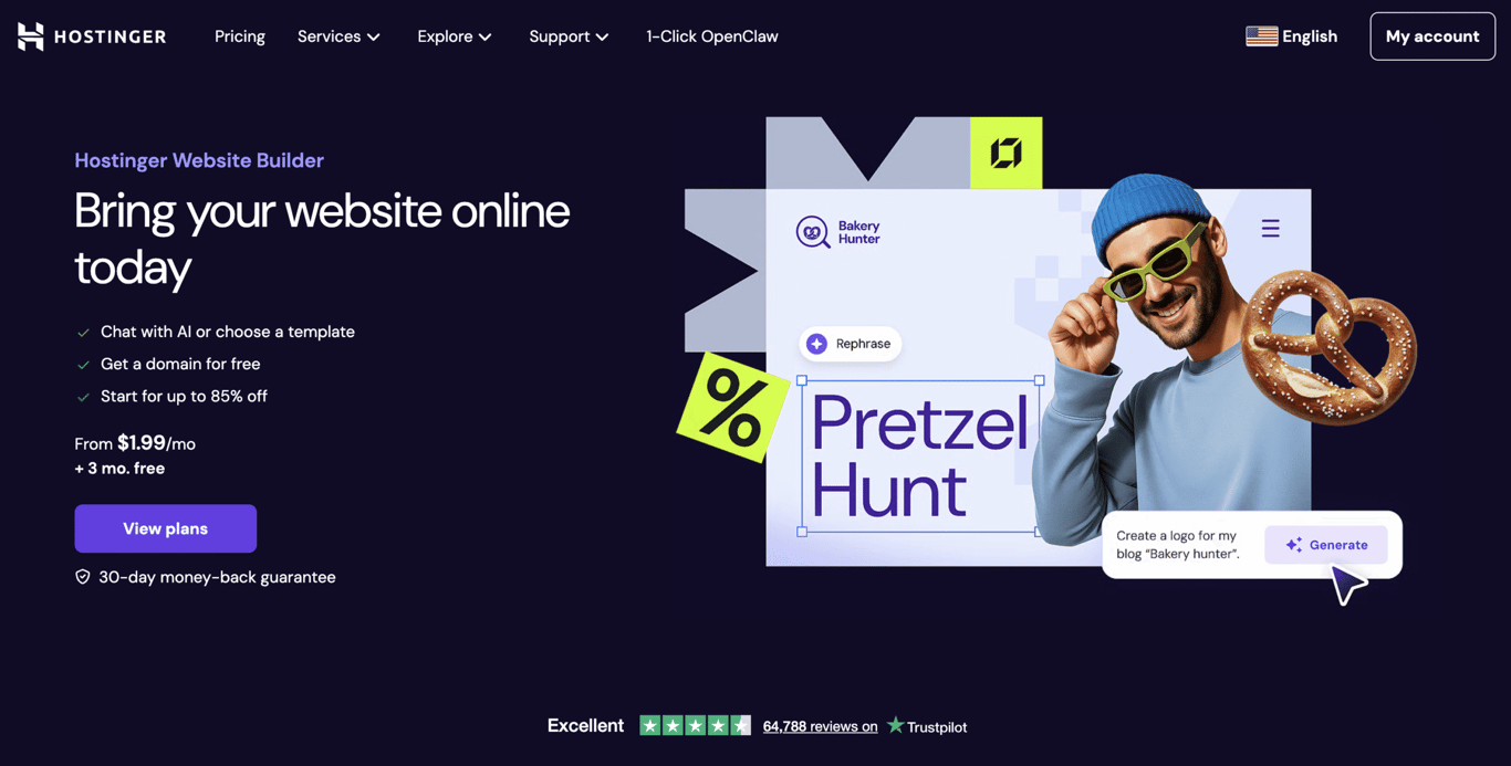 Hostinger website builder homepage showing features to bring your website online with AI chat, free domain, discounts, and a bakery-themed logo design example.