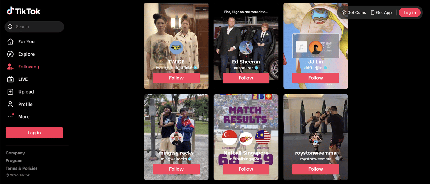 TikTok following page featuring different videos from creators