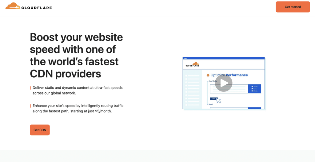 Cloudflare webpage promoting CDN services to enhance website speed, featuring a performance optimization interface and a video.