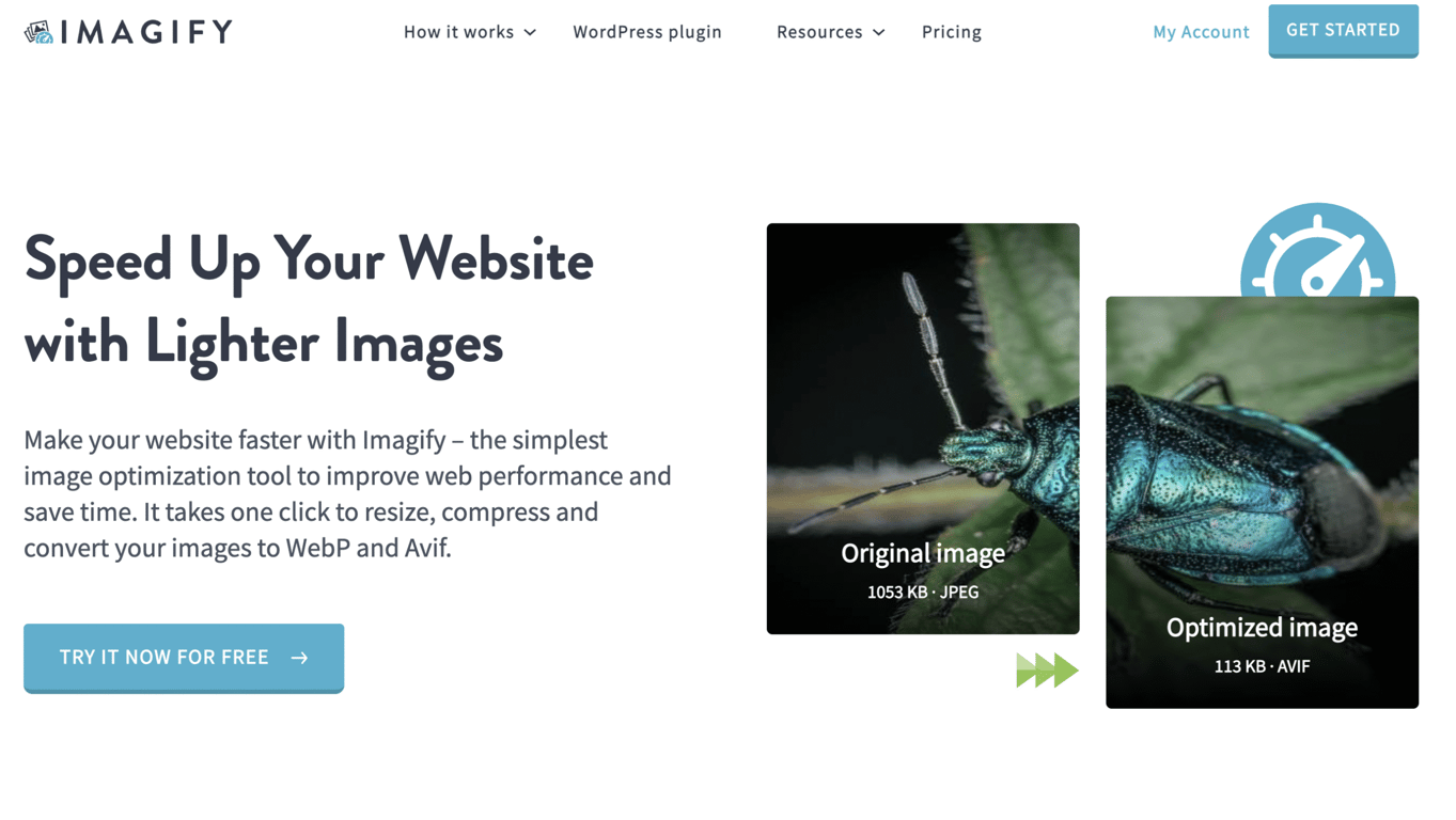 A web banner promoting Imagify, highlighting image optimization for faster websites with examples of original and optimized images.