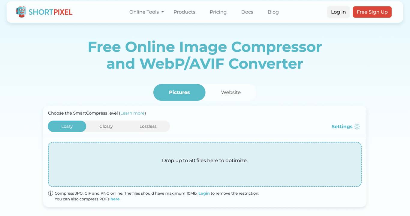Web interface for ShortPixel, featuring options for image compression levels and a drag-and-drop area for file optimization.