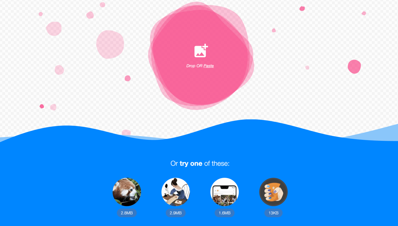 Squoosh homepage featuring a light-blue wave design with pink circles and icons for image uploads, with file sizes for different images displayed below.