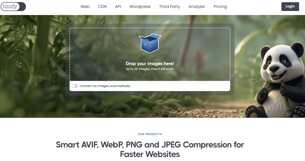Homepage of Tinify, featuring a friendly panda, image upload area, and text promoting image compression for faster websites.