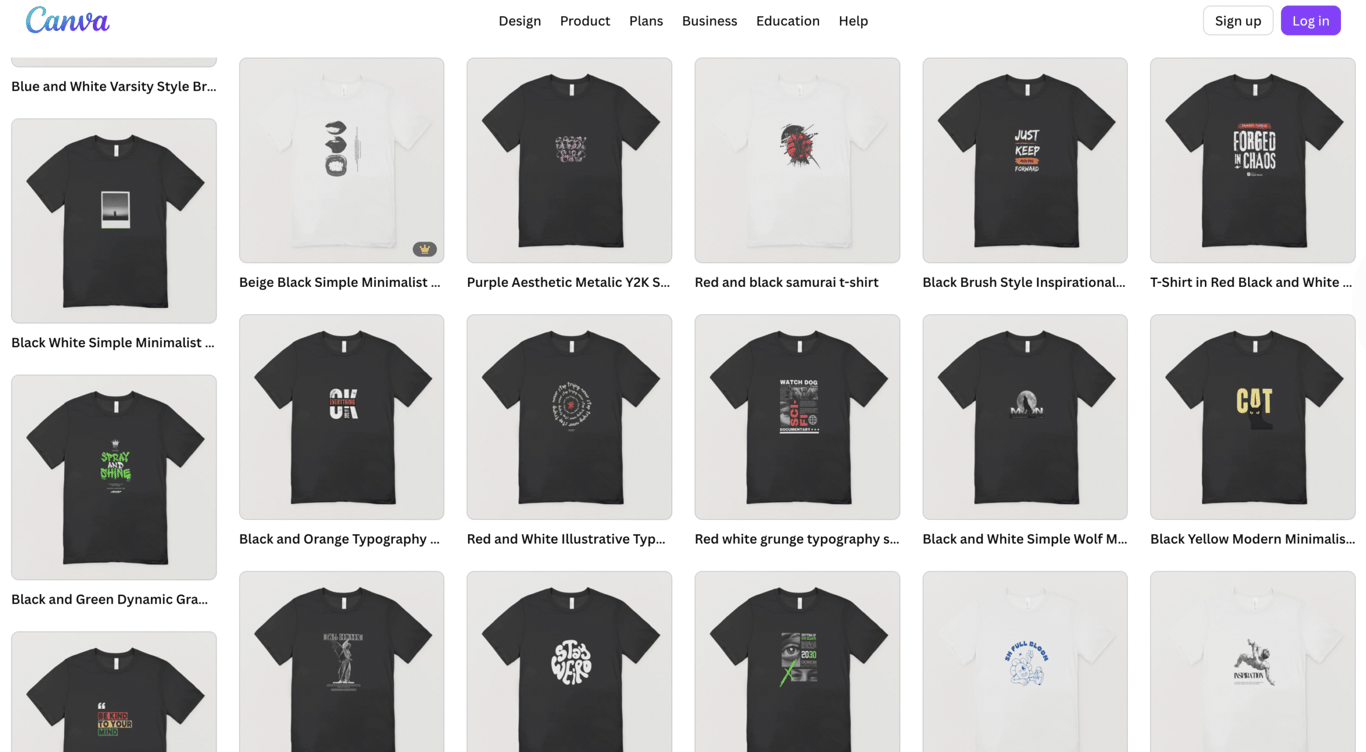 A grid of various t-shirt designs featuring unique graphics and typography in black, white, red, and other colors.
