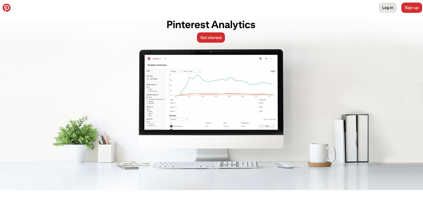 A computer display showing Pinterest Analytics with graphs and data metrics, surrounded by a plant and a cup on a clean desk.