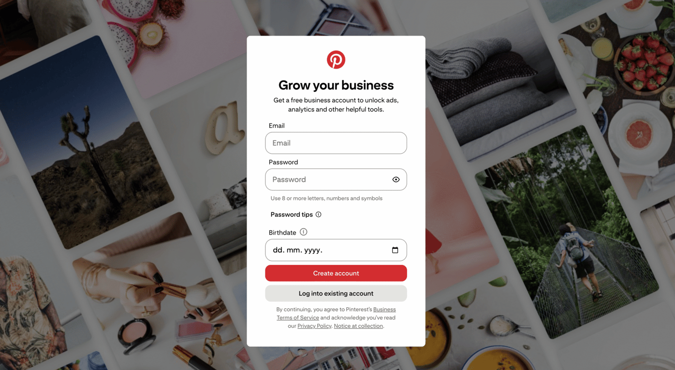 A Pinterest business account login interface with fields for email, password, and birthdate, surrounded by vibrant images.