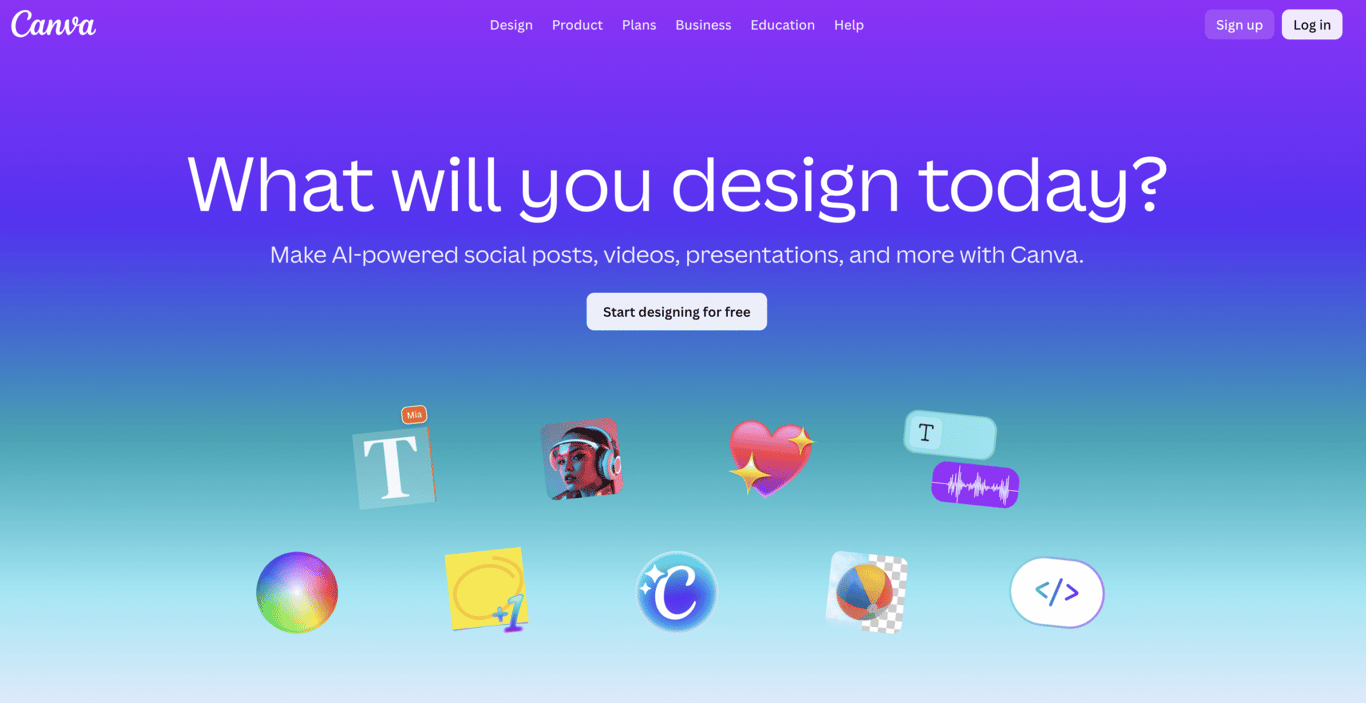 Canva homepage with a gradient background, showing a message 'What will you design today?' and icons representing design tools below.