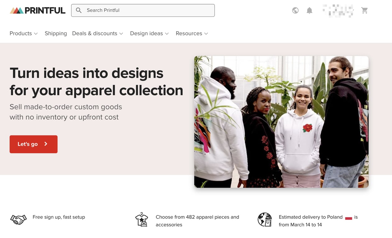 Group of four people wearing colorful, custom-designed hoodies, smiling outdoors. The text promotes designing and selling custom apparel with no upfront cost.