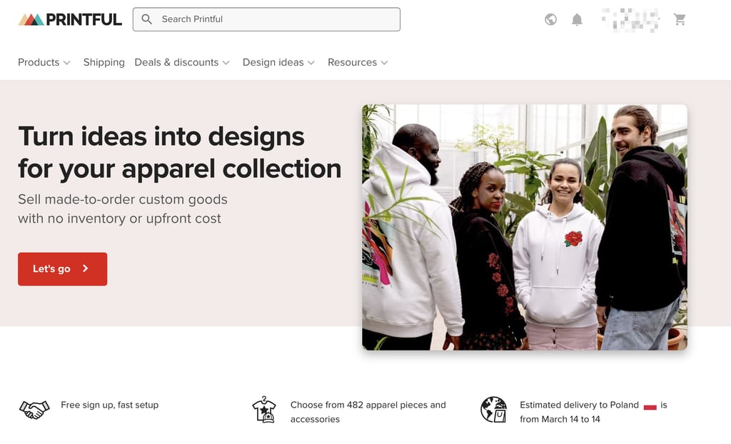 Group of four people wearing colorful, custom-designed hoodies, smiling outdoors. The text promotes designing and selling custom apparel with no upfront cost.