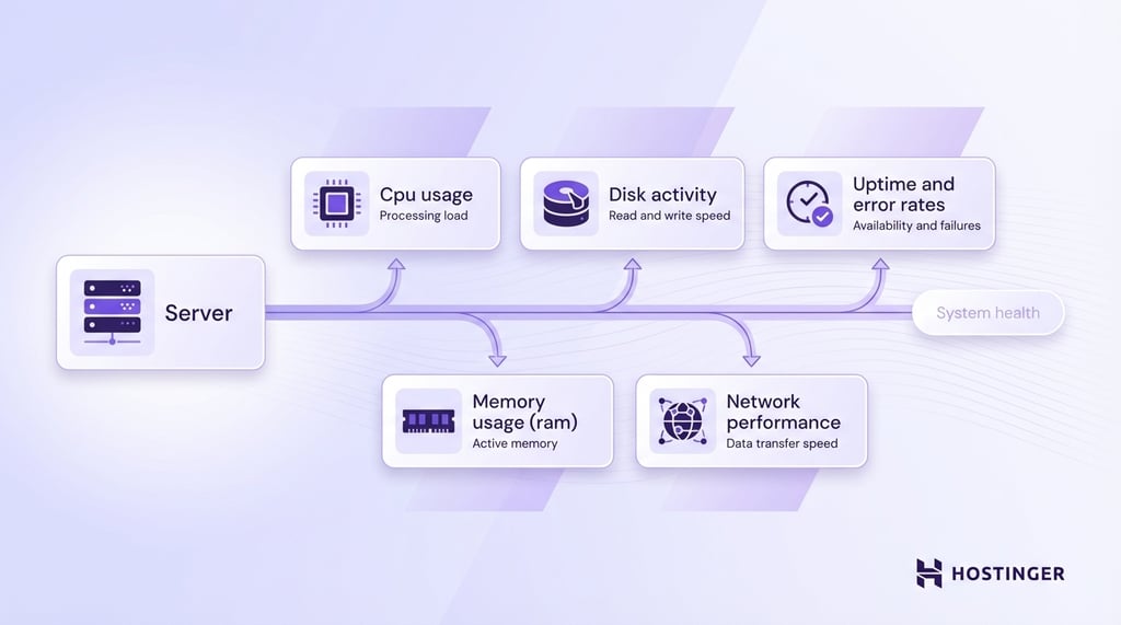 Diagram showing server system health metrics: CPU usage, disk activity, uptime and error rates, memory usage, and network performance.