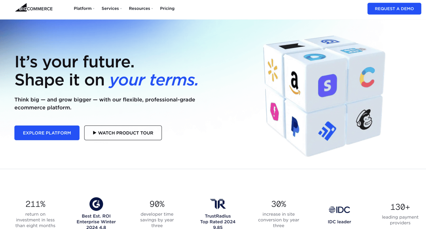 BigCommerce homepage featuring the headline &ldquo;It&rsquo;s your future. Shape it on your terms.&rdquo; with buttons to explore the platform or watch a product tour.