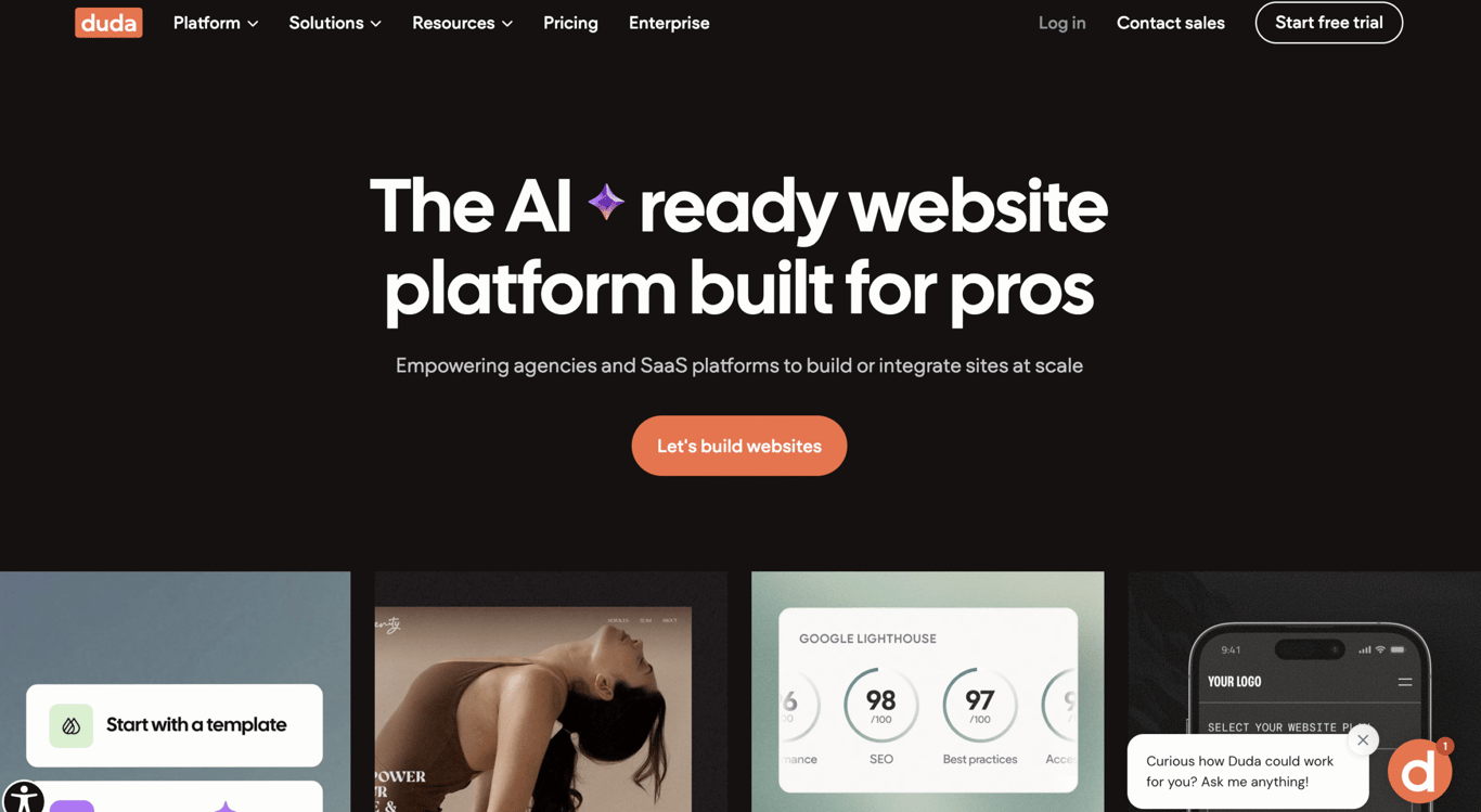 Duda homepage with the headline &ldquo;The AI ready website platform built for pros&rdquo; and a &ldquo;Let&rsquo;s build websites&rdquo; button.