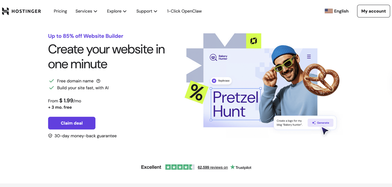 Promotional graphic for Hostinger, featuring a website creation service with a focus on AI and a special pretzel-themed offer.