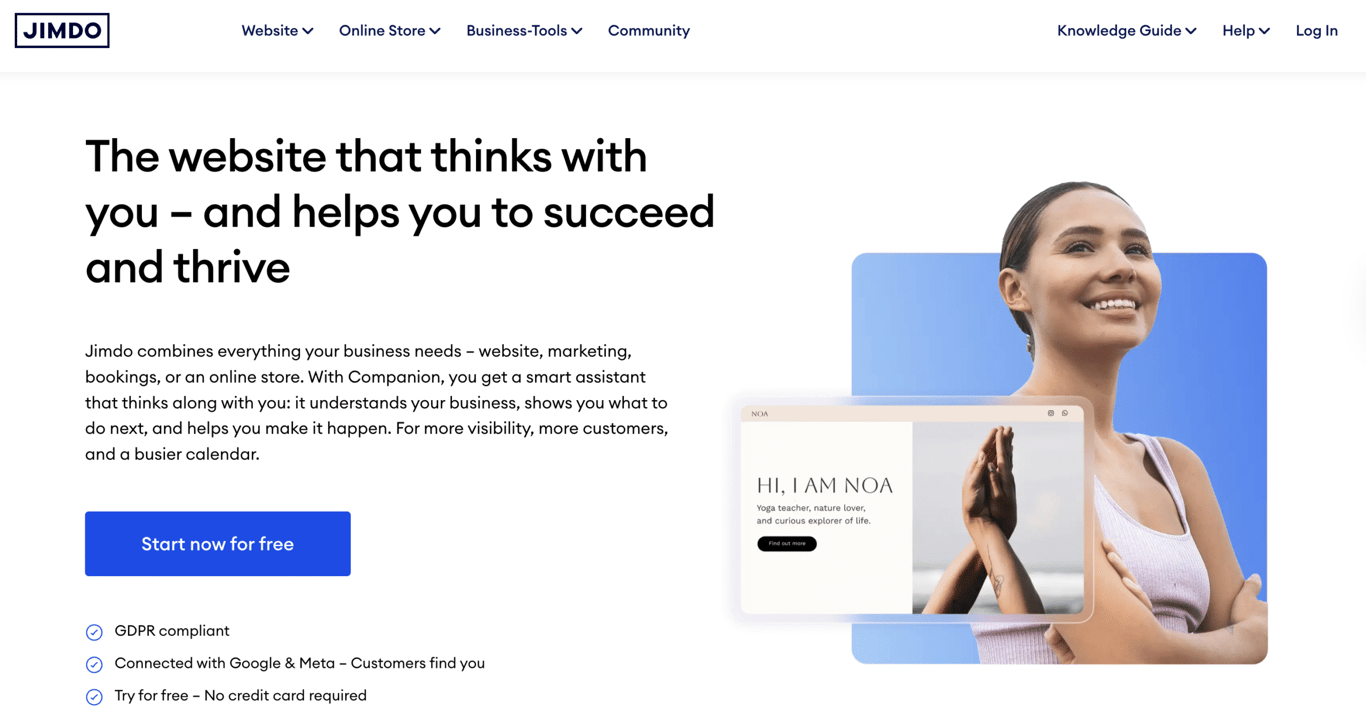 Jimdo homepage with the headline &ldquo;The website that thinks with you&rdquo; and a &ldquo;Start now for free&rdquo; call-to-action.