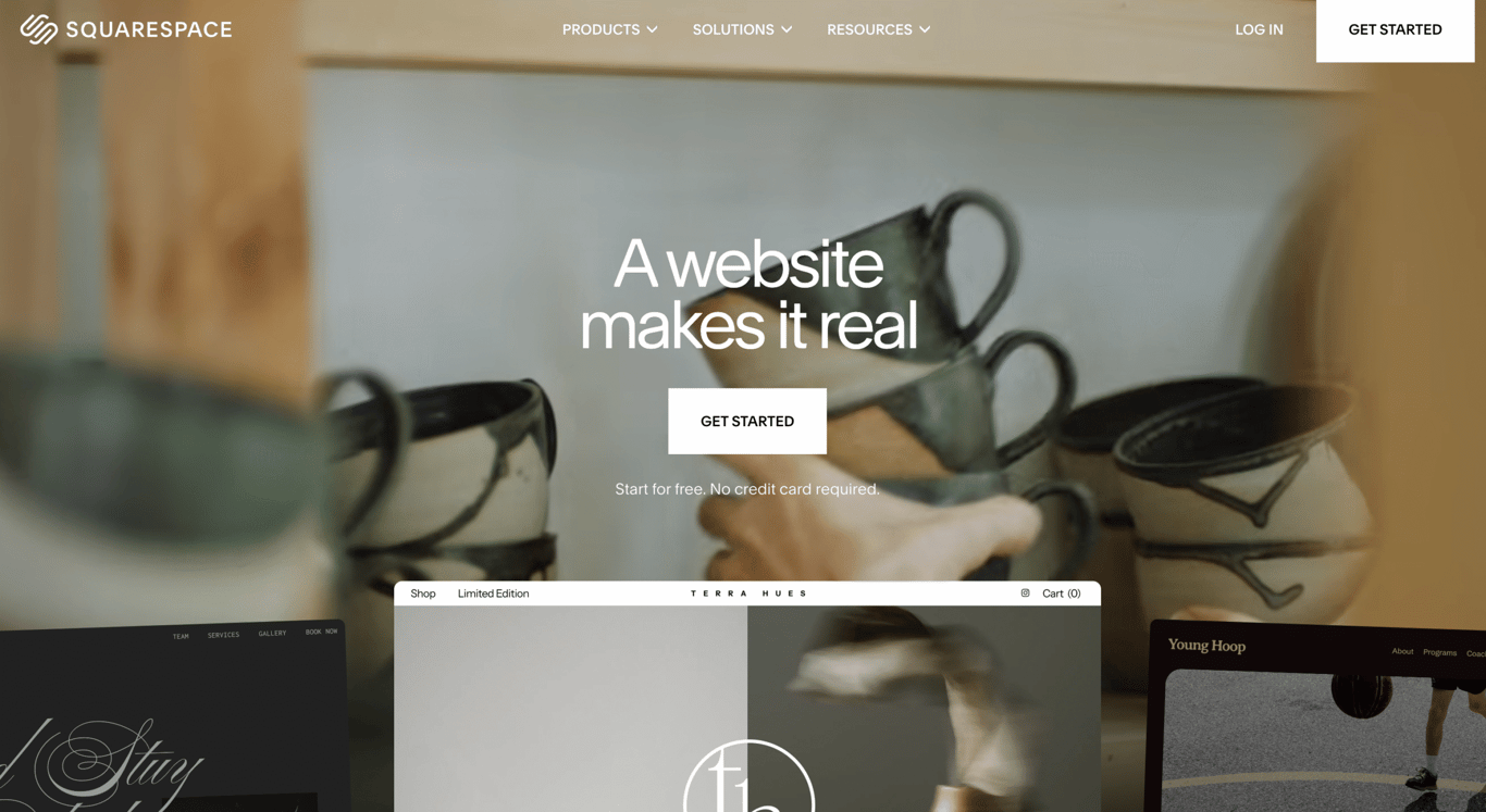 Home page of Squarespace featuring handmade pottery, with a call-to-action button and text about creating a website easily.