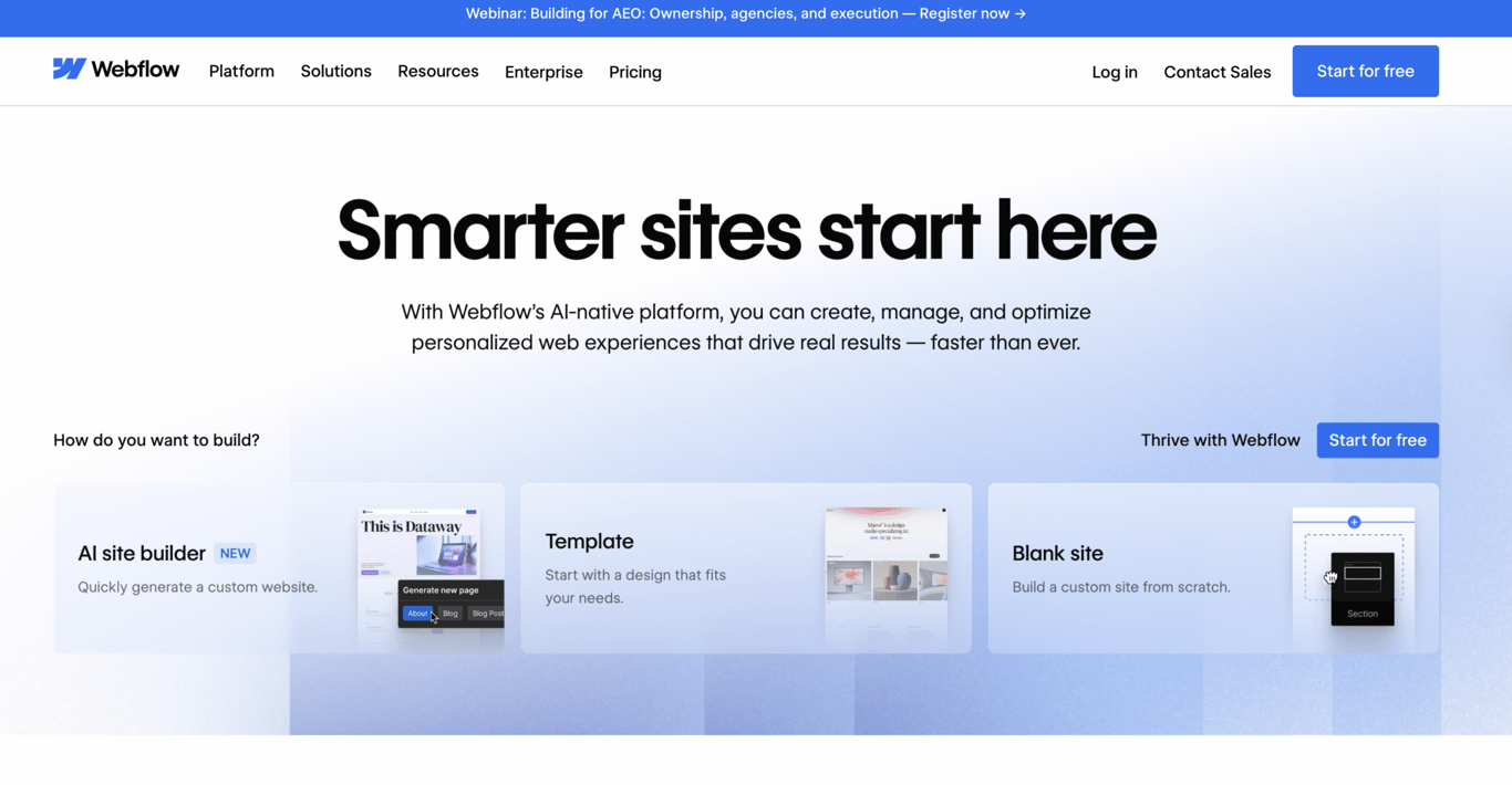 Webflow homepage with the headline &ldquo;Smarter sites start here&rdquo; and options to start with an AI site builder, a template, or a blank site.
