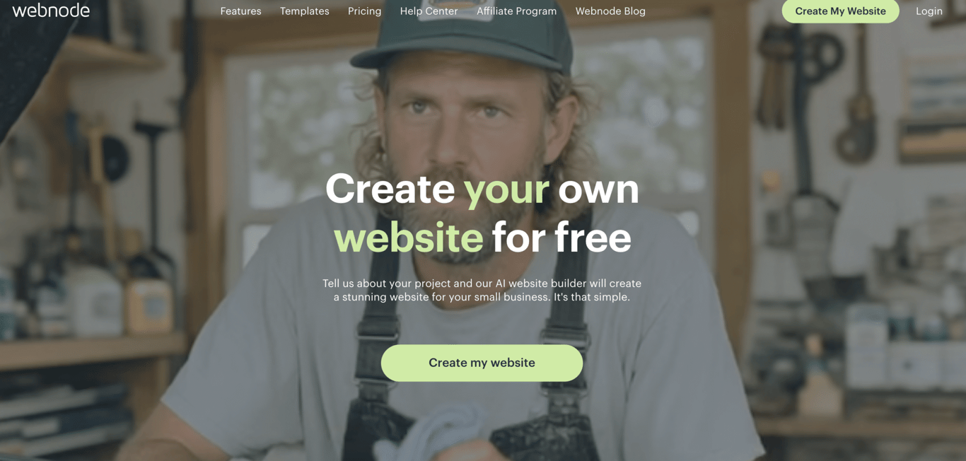 Webnode landing page featuring a person in a workshop, showcasing tools and a call-to-action button for users to start building a website.