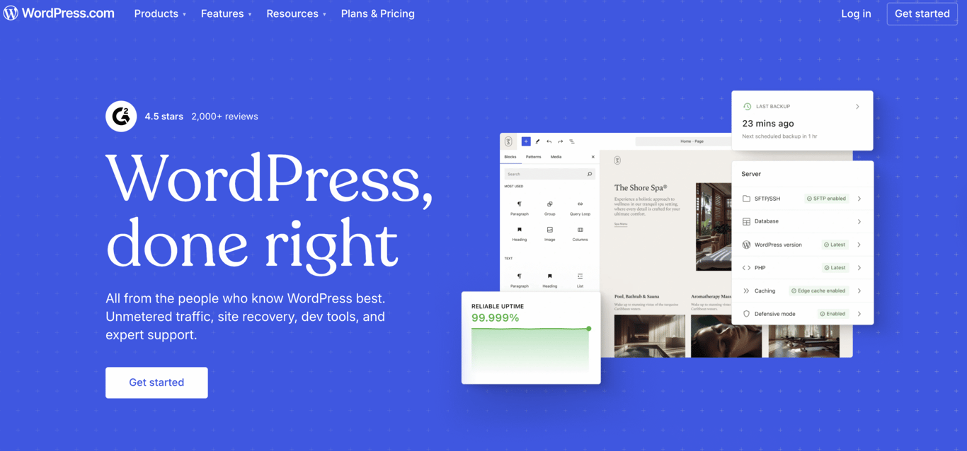 WordPress homepage featuring a blue background, a 4.5-star rating, and information on services like site recovery and expert support.