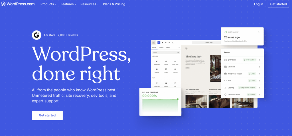 WordPress homepage featuring a blue background, a 4.5-star rating, and information on services like site recovery and expert support.