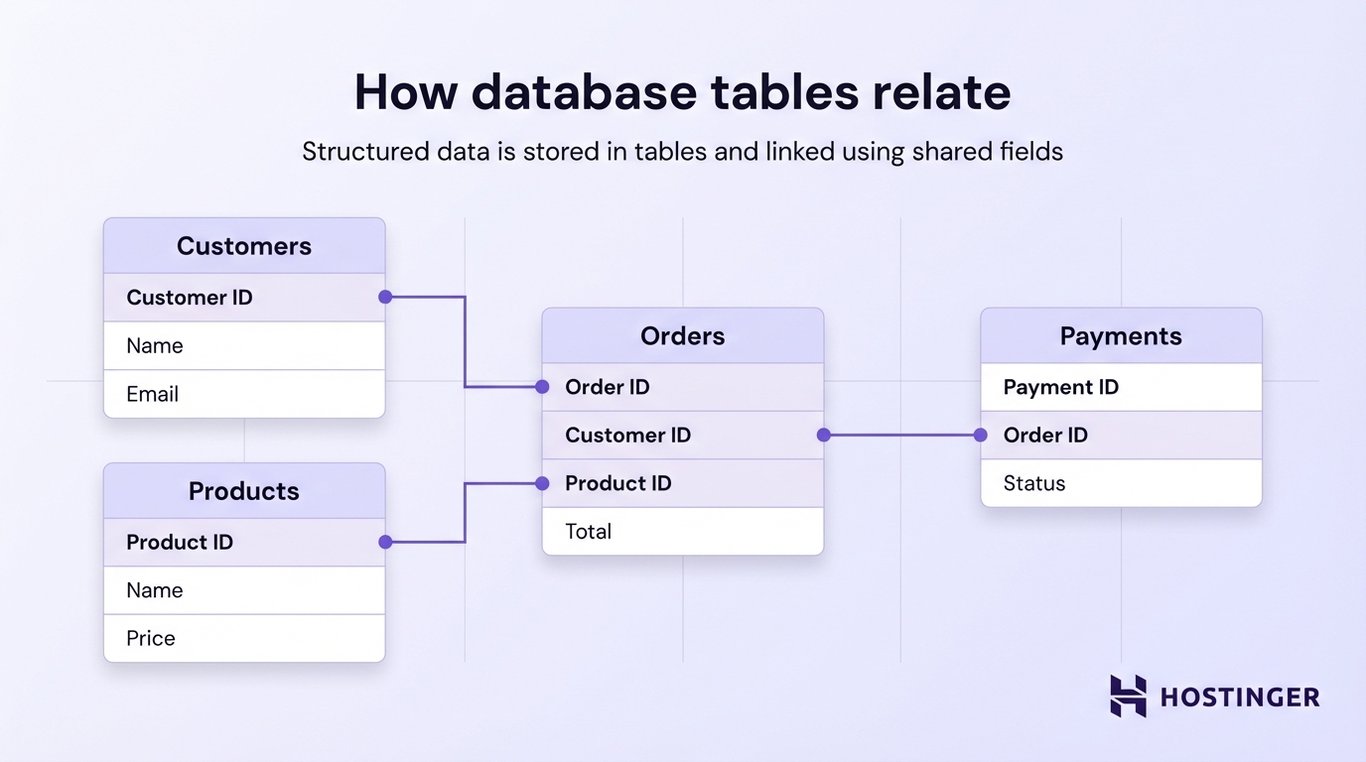 Diagram showing how database tables Customers, Products, Orders, and Payments are related through shared ID fields.