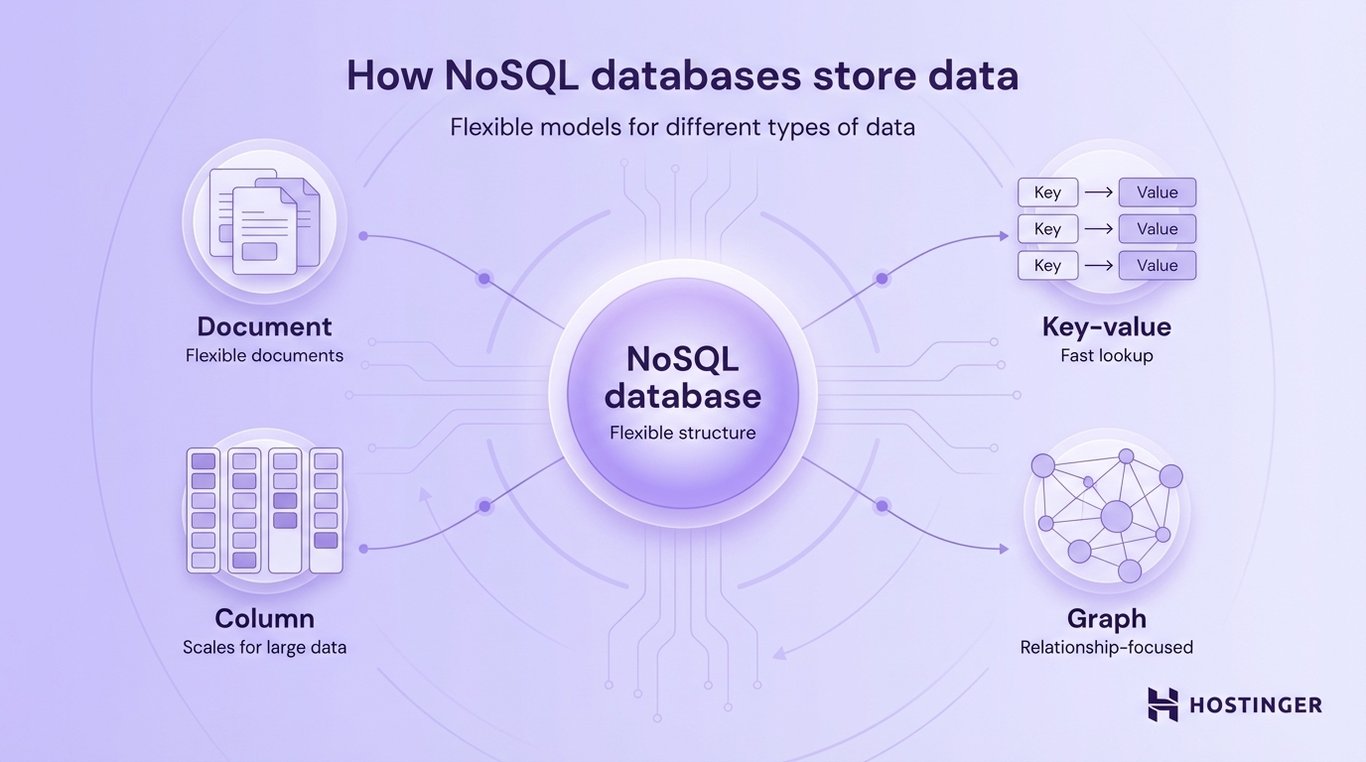 Diagram showing how NoSQL databases store data using document, column, key-value, and graph models for flexible, scalable, and relationship-focused storage.