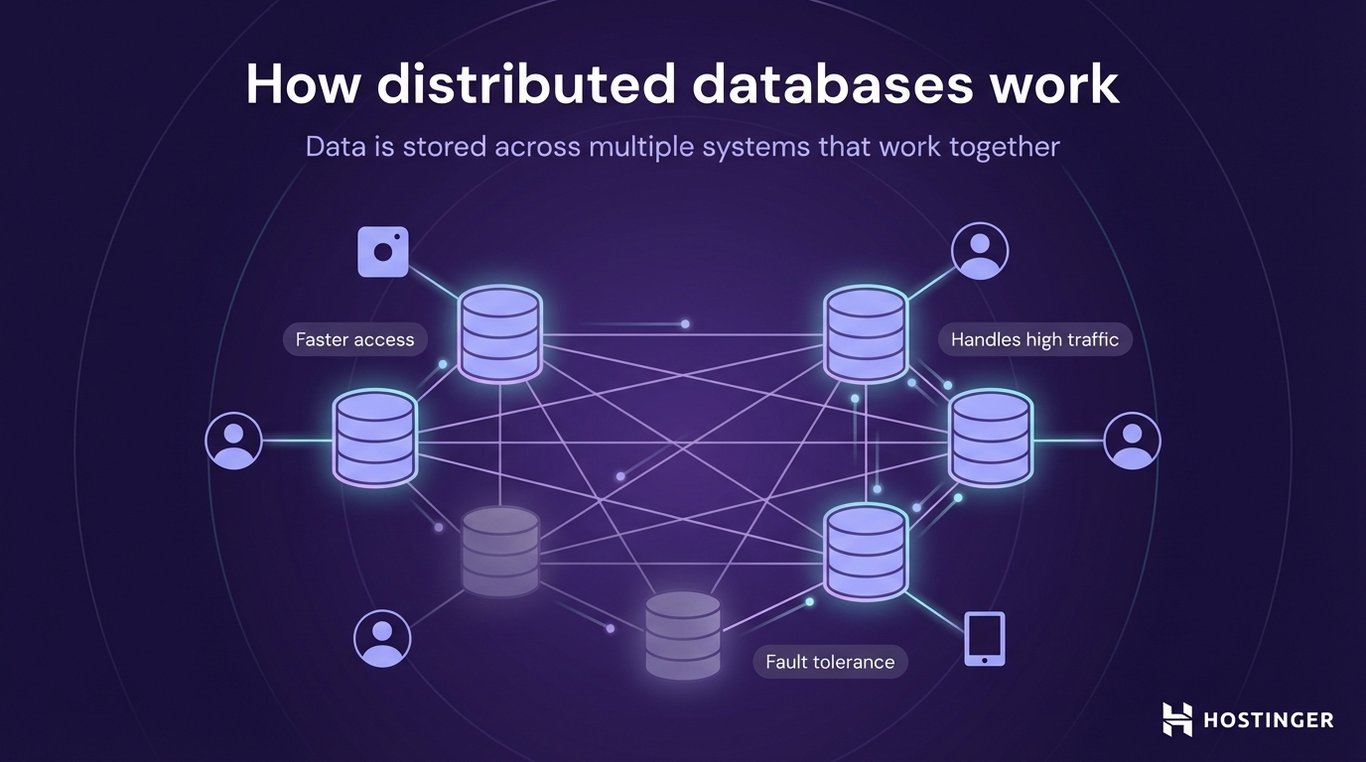 Diagram showing how distributed databases store data across multiple systems for faster access, fault tolerance, and handling high traffic.
