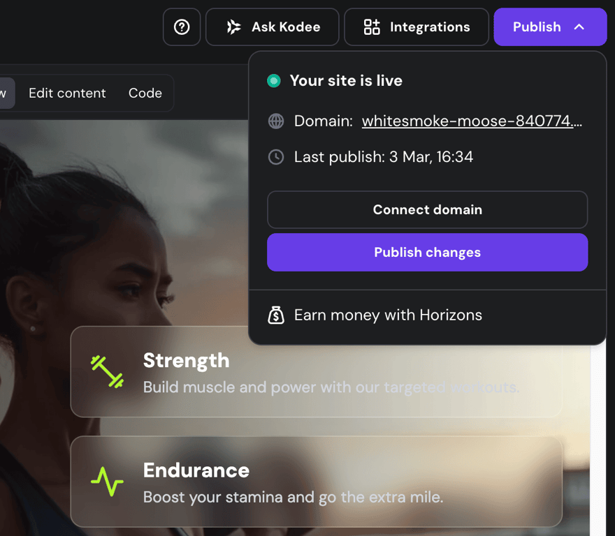 Publish panel within Hostinger AI Builder