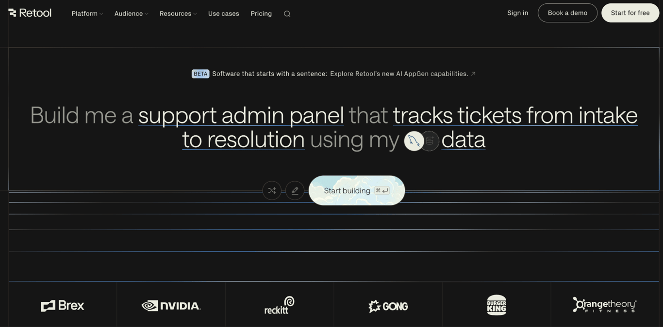 Homepage of Retool