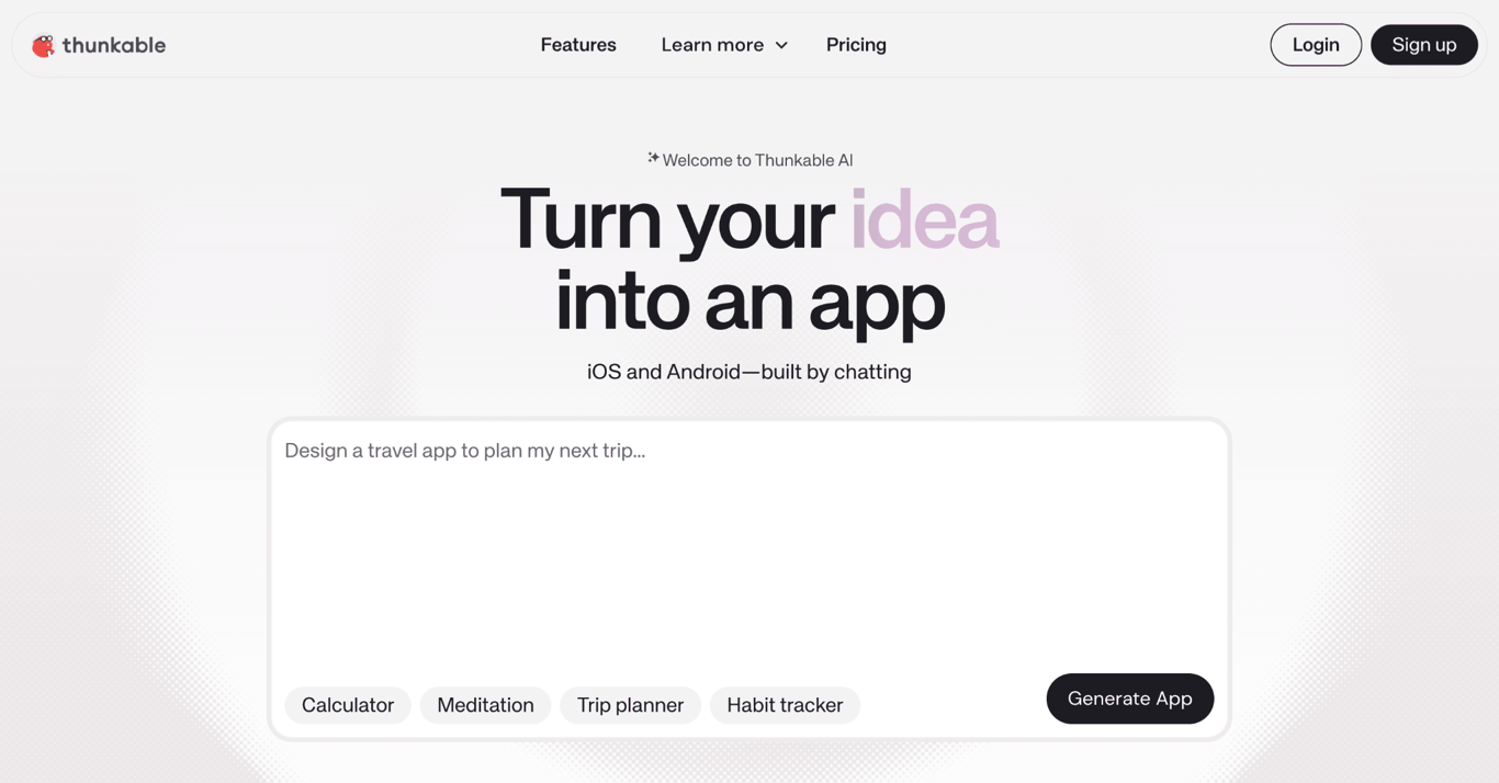 Homepage of Thunkable