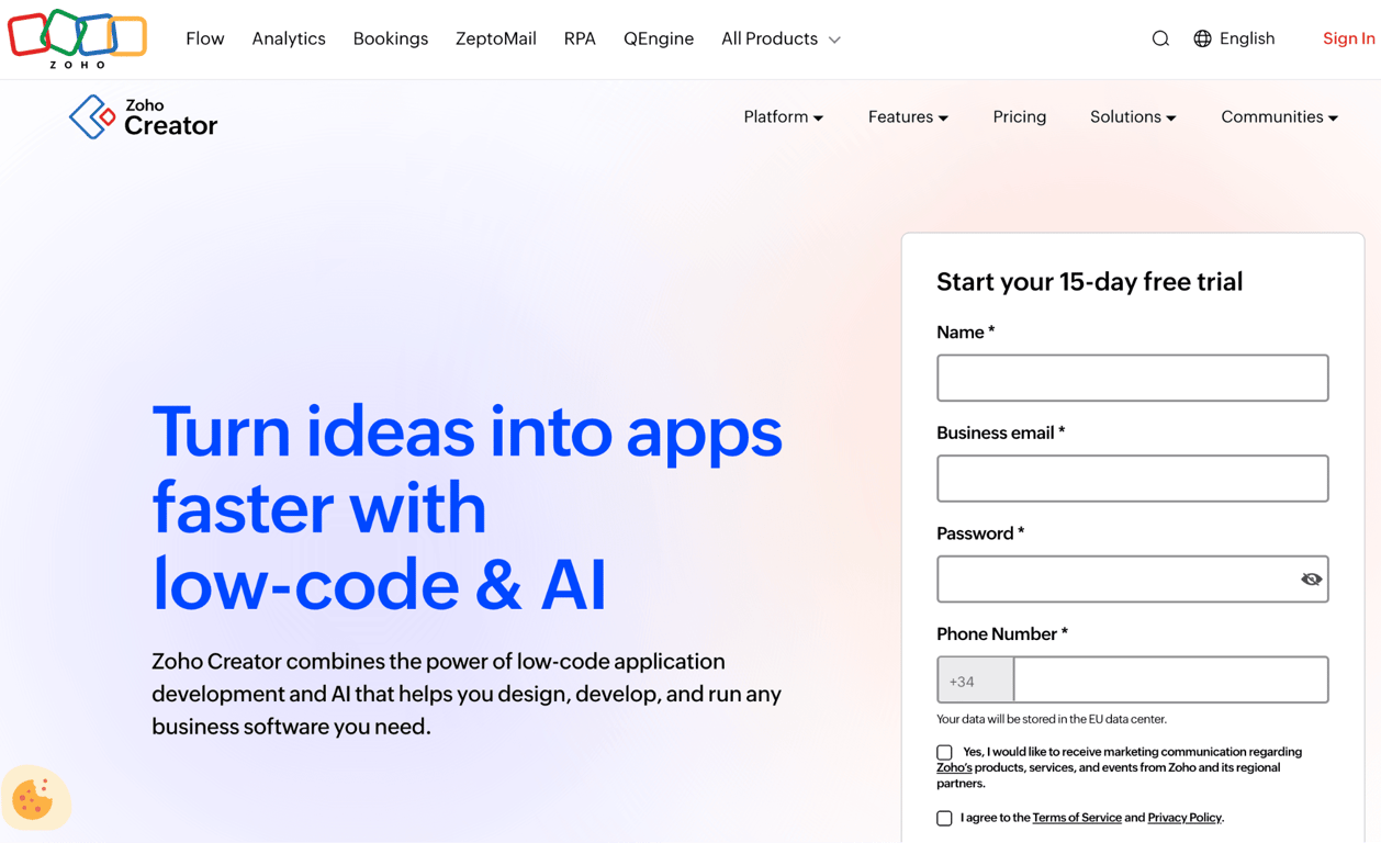Homepage of Zoho