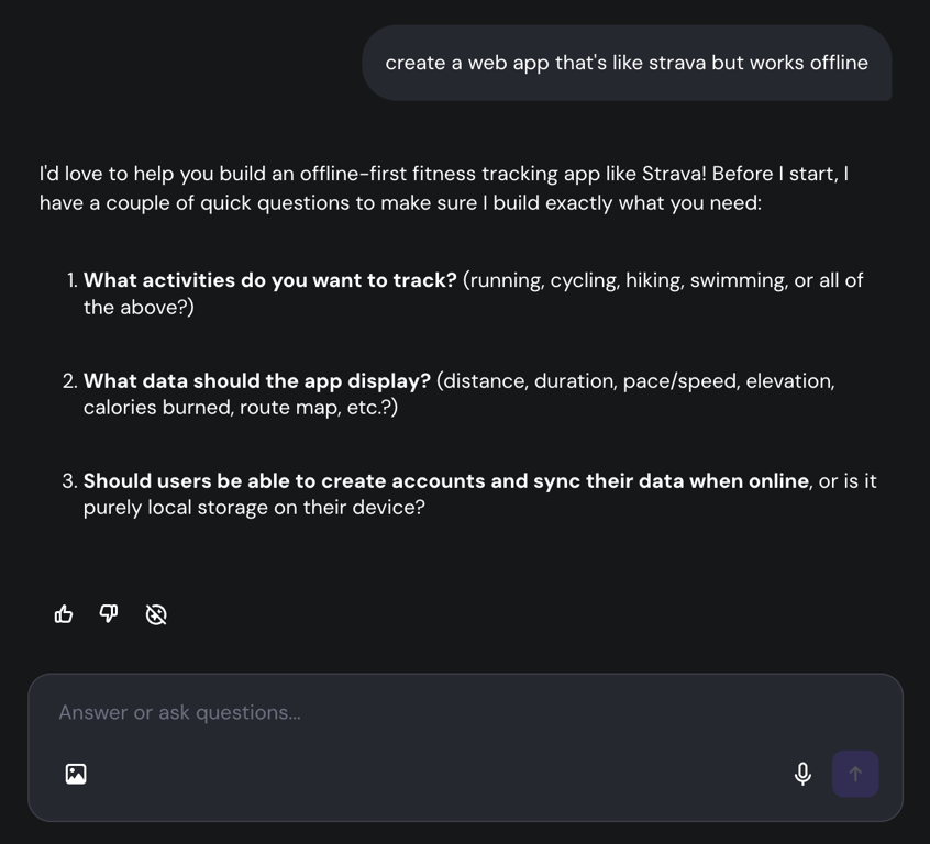 Hostinger AI Builder chat panel showing collaborative questions