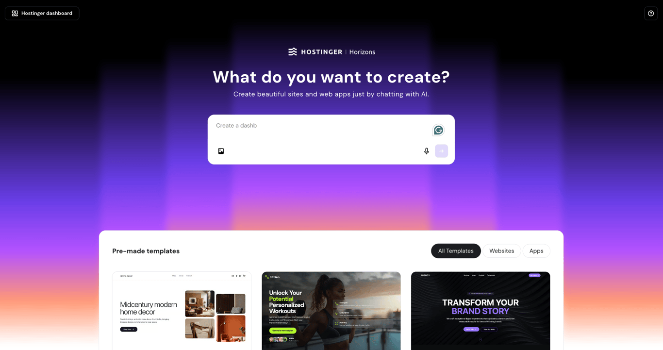 Hostinger Horizons landing page