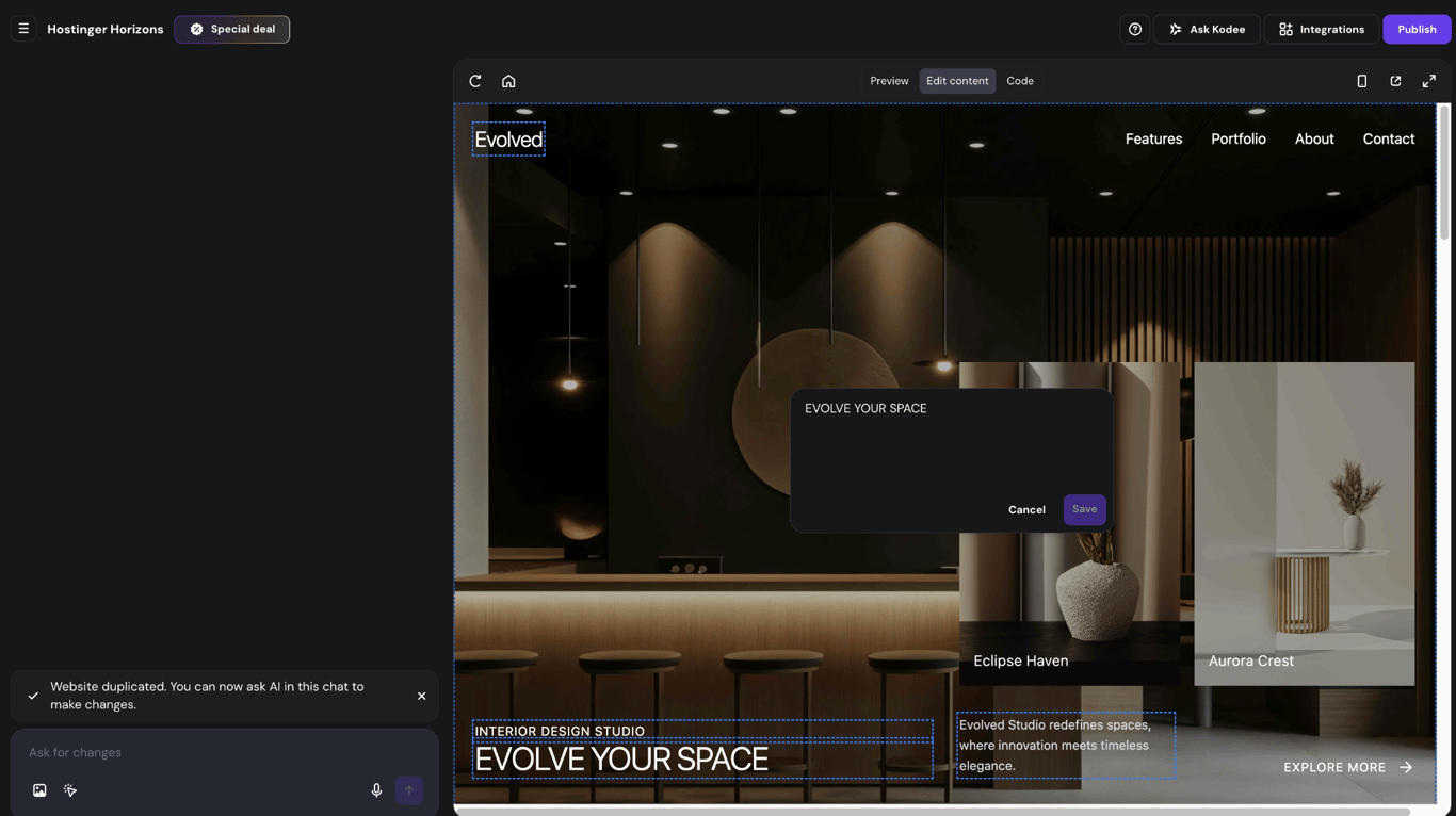 Hostinger Horizons' visual edits interface