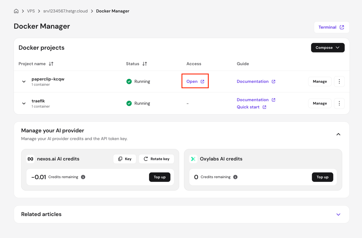 The Open button to access Paperclip dashboard from Hostinger VPS