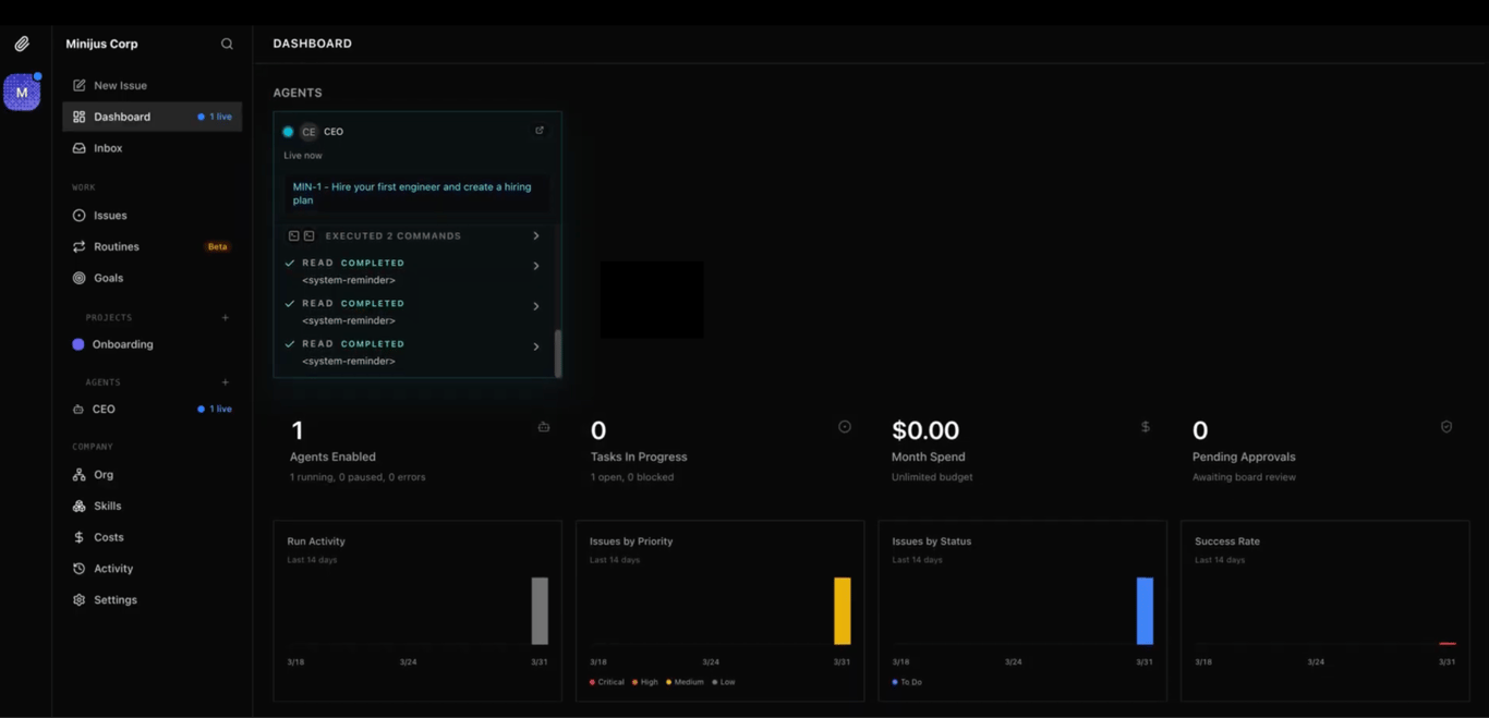 The initial dashboard after setting up Paperclip