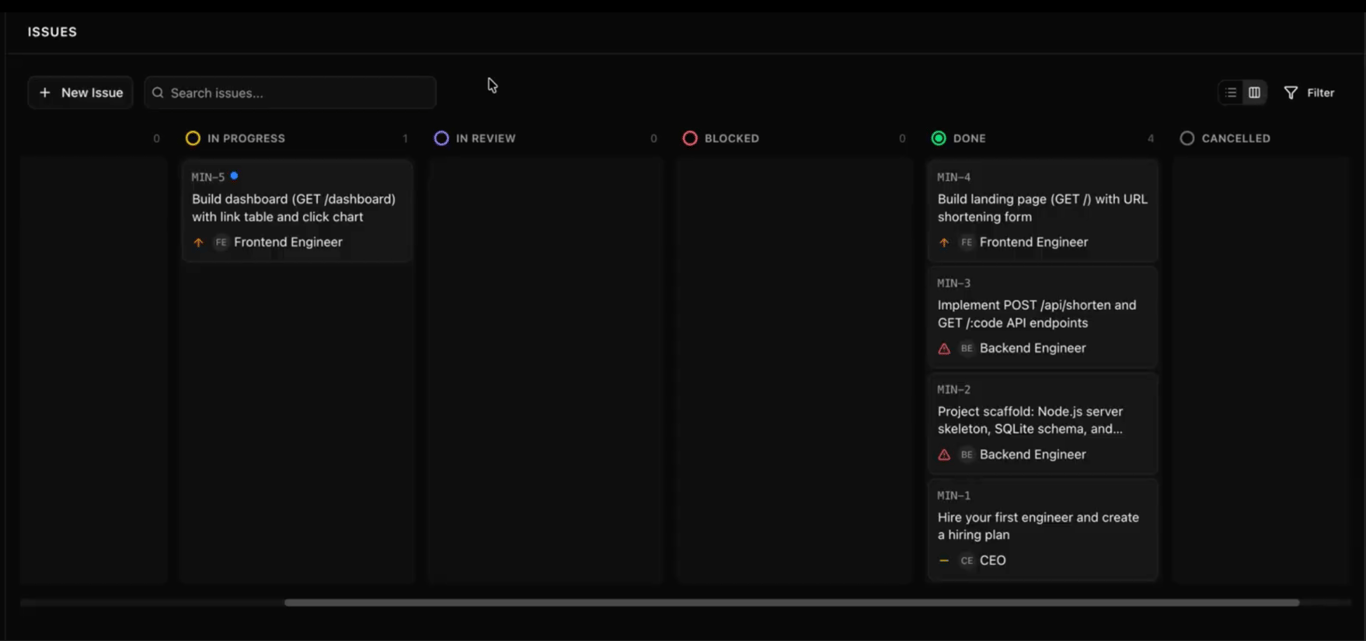 An Issues page in a Paperclip instance