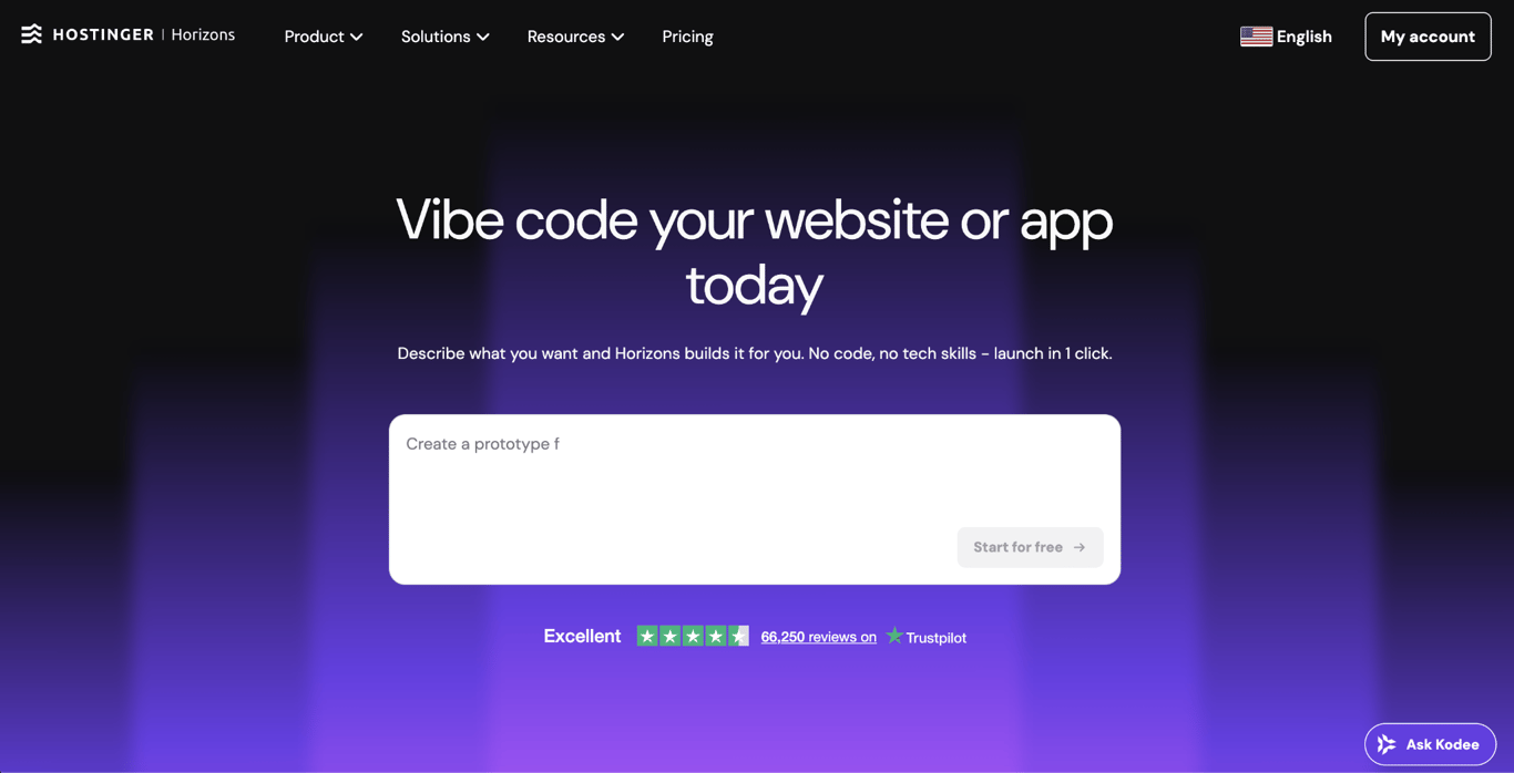 Hostinger Horizons landing page