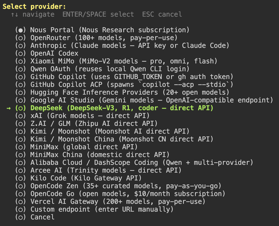 The Select provider step in the Hermes Agent setup wizard