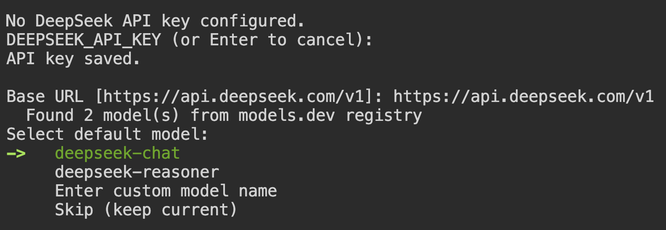The available models from DeepSeek in the Hermes Agent setup wizard