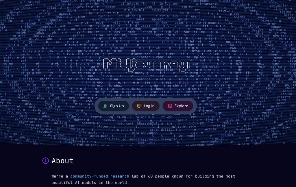 Website homepage of one of the best ai image generators with a dark blue code-style background, centered buttons for Sign Up, Log In, Explore, and an About section describing an AI research lab.