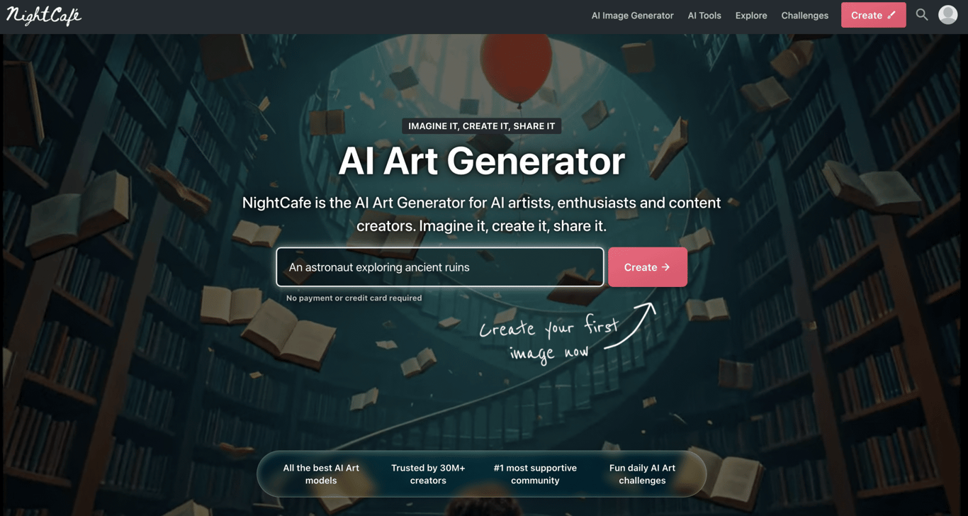 NightCafe AI Art Generator homepage featuring floating books in a circular library with a red balloon overhead.