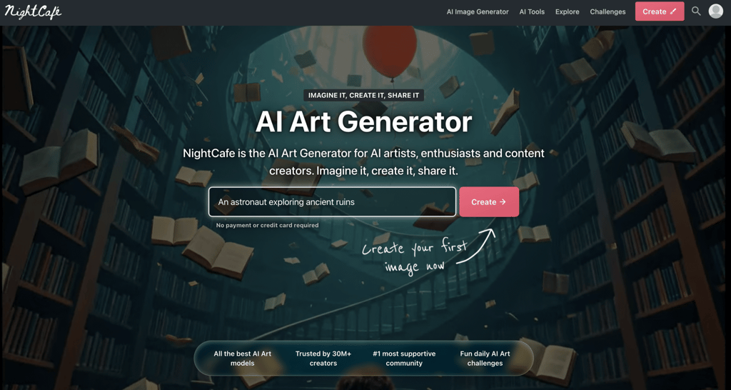 NightCafe AI Art Generator homepage featuring floating books in a circular library with a red balloon overhead.